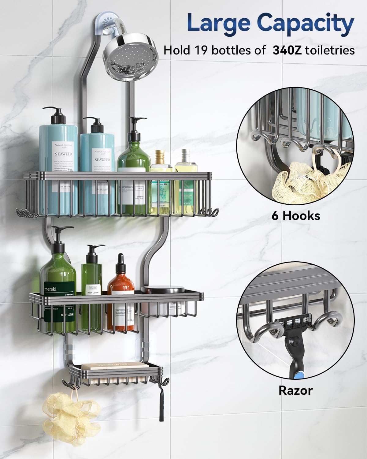 YASONIC Shower Caddy - Rust-Proof Aluminum Organizer with 10 Hooks & Soap Basket - Grey