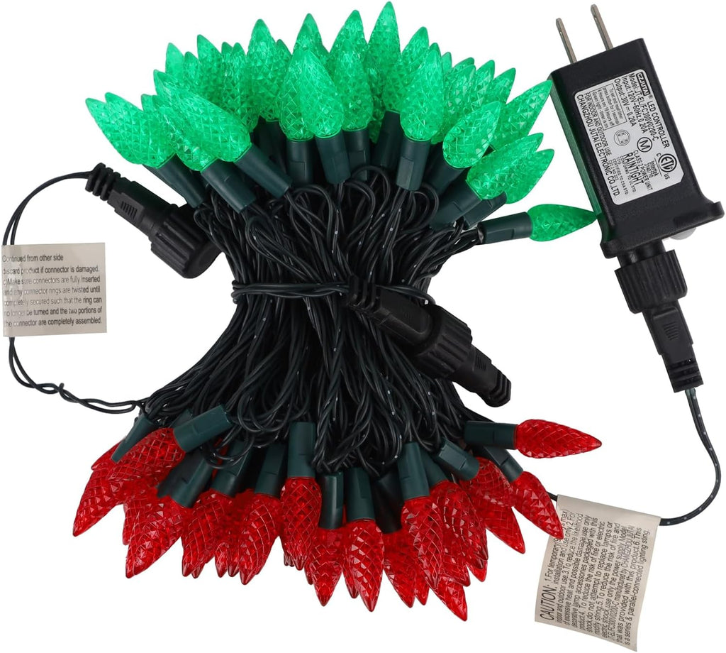 Waterglide C6 Christmas Lights - 33ft 100 LED Faceted String Lights | Waterproof Indoor/Outdoor Decor, Red & Green