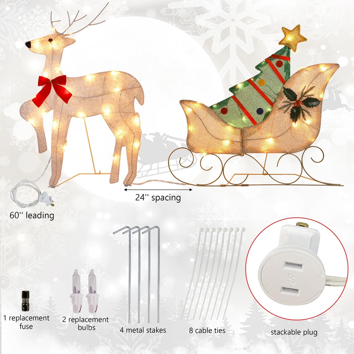 WATERGLIDE Christmas Decorations - 23-Inch Lighted Reindeer & Santa Sleigh | Pre-Lit 2D Yard Decor for Festive Holiday Display