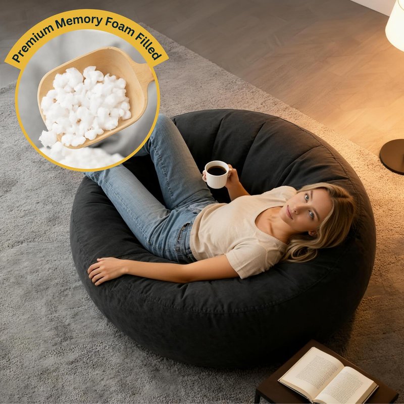 ACH Big Bean Bag Chair 3FT – Memory Foam Filled, Soft Velvet Cover, Removable & Washable – Perfect Lounging Chair for Kids & Teens – Big Bean Bag for Bedroom, Living Room, & Gaming (Black, BIG - 3FT)