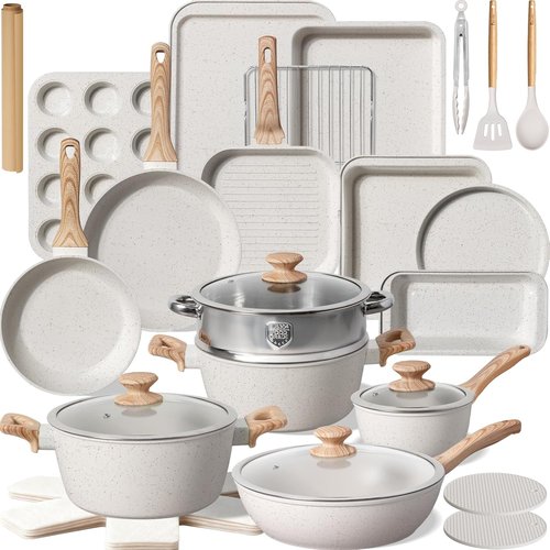 Kikcoin Nonstick Pots and Pans Set - 31-Piece Kitchen Cookware Set with Grill Pan & Utensils | Cream White