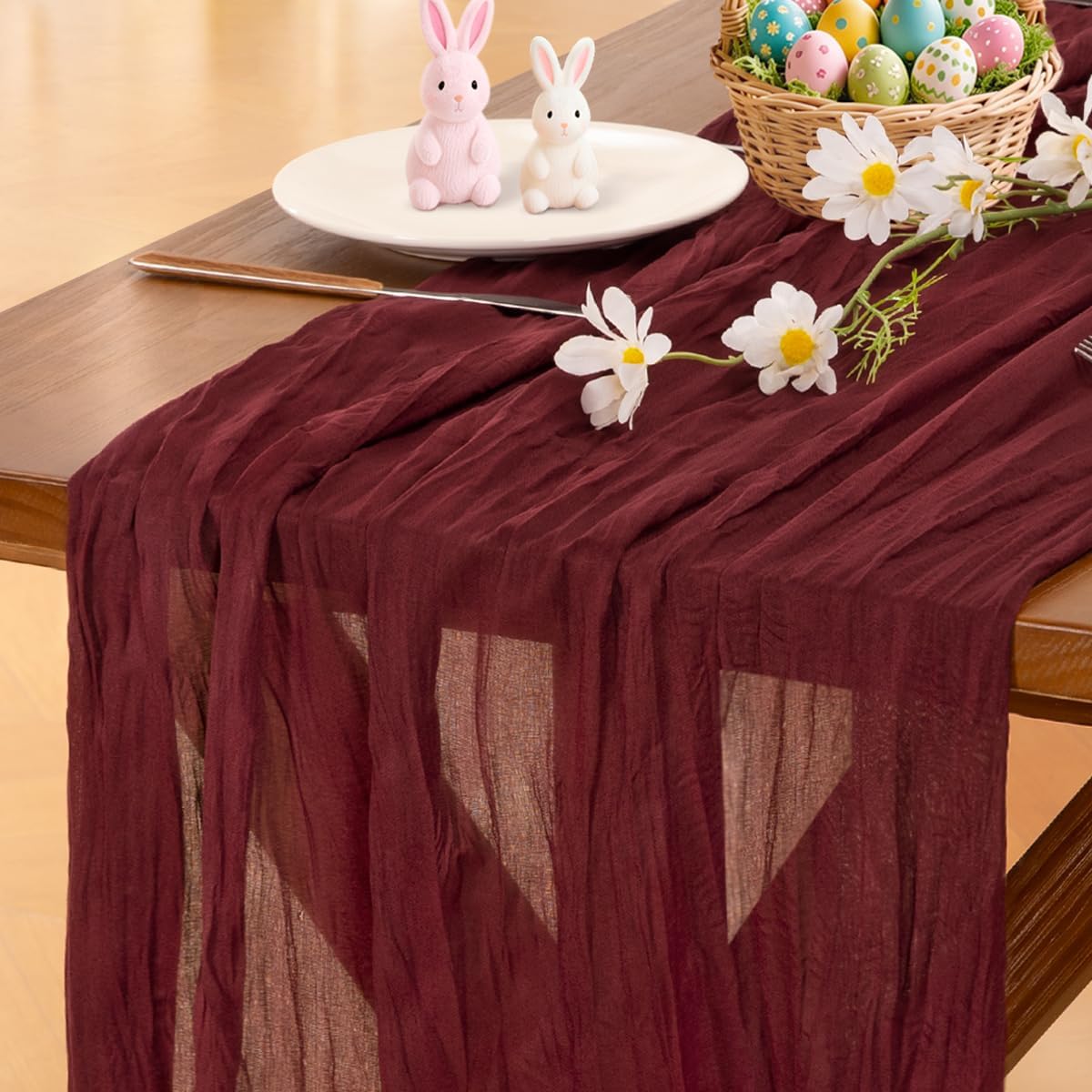 Socomi Burgundy Red Table Runner - Boho Rustic Cheesecloth 120 Inch for Weddings & Home Decor