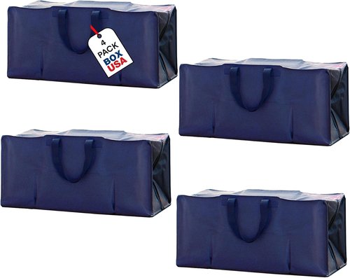 BOX USA 4-Pack Moving Bags - Heavy Duty Extra Large Storage Bags with Strong Handles & Zippers | Blue