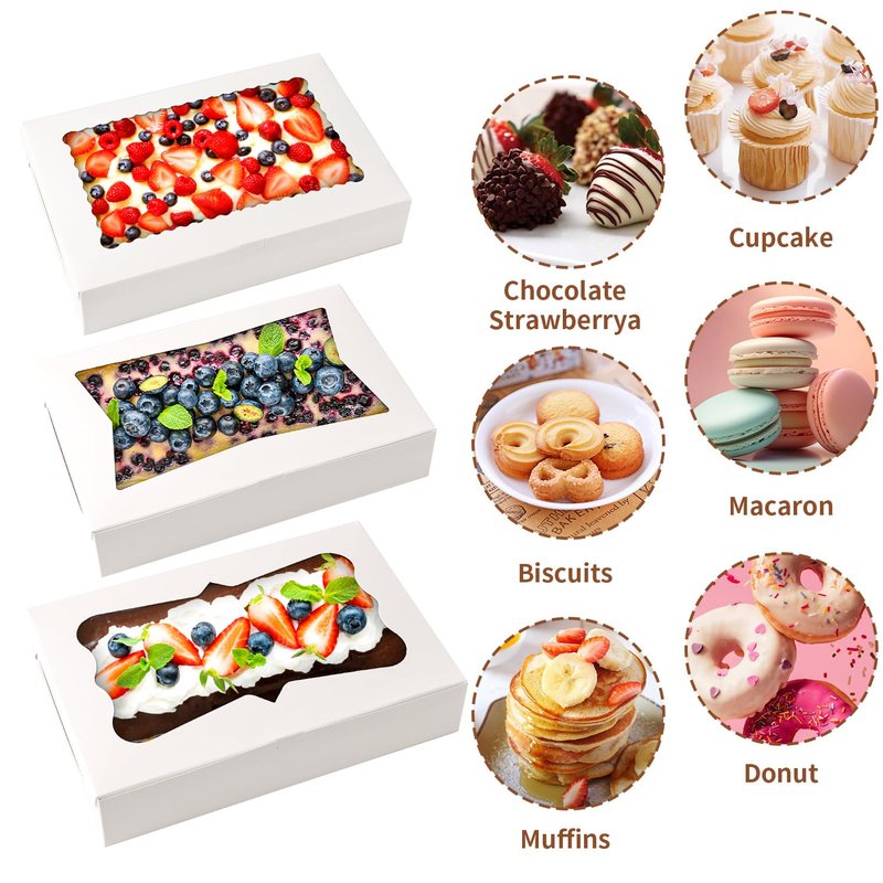 PFAMKEER 48pcs12x8x2.5 Inches Bakery Boxes,Cookie Boxes with 3Style for Window Bread,Treat，Chocolate,Strawberries,Dessert,Cakes,Donuts,Muffins,pastry