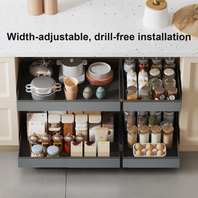 Qayfatter 2 Pack Pull Out Cabinet Organizer, Expandable 12.6"-20.6" Width, 16.5" Dx 2.9" H, Heavy Duty Carbon Steel Slide Out Drawers with 3 Silent Rails, No Drill Install, Patent US D1080100S
