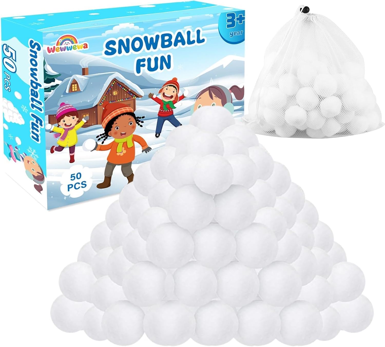 Skiennix Fake Snowballs Set - 50 Soft Artificial Snowballs with Drawstring Bag for Indoor & Outdoor Fun