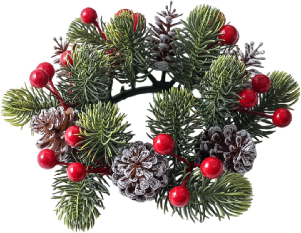 Skiennix Christmas Candle Rings - Artificial Berries & Pinecones Wreaths | 3-Inch Centerpiece for Holiday Decor (Set of 2)