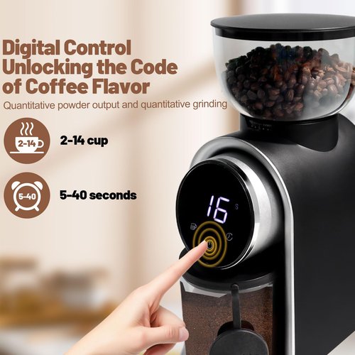 DITOSH Electric Coffee Grinder Touchscreen 2-14 Cup Conical Burr Coffee Grinder with 25 Grinding Settings Cleaning Brush Grindable Espresso Drip Coffee French Press for Home Use 110V Black