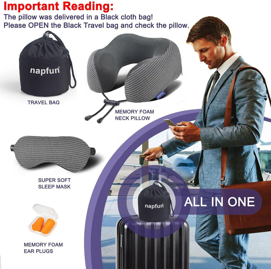 Napfun Neck Pillow - Memory Foam Travel Pillow with Pouch, Sleep Mask & Earplugs | Dark Gray Striped Kit