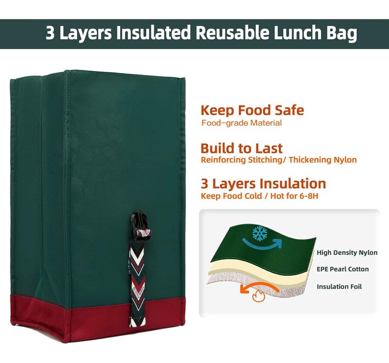 SUNNY BIRD Insulated Lunch Bag Rolltop Lunch Box Tote Bag for Women, Men, Adults and Teens (Green with Boho strap)