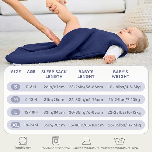 FIEMOL Baby Sleep Sack 6-12 Months 2.5 TOG, Winter Cotton Sleep Sacks Newborn and Infant, Warm Quilted Baby Wearable Blanket, Newborn Sleeping Bag with 2-Way Zipper Blue 1 Pack