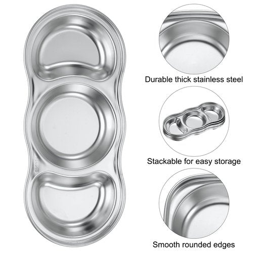 uxcell 10 Pack Stainless Steel Dish Dipping Bowls with 3 Round Compartment Divided, Metal Seasoning Plate Dipping Bowl for Condiment Home Party Restaurant Picnic Travel, Silver