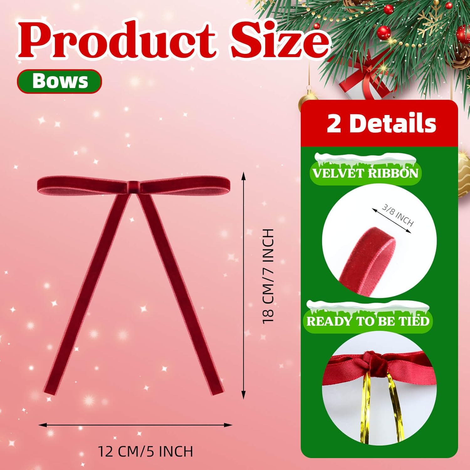 Skiennix 24PCS Velvet Bows - Pre-Tied Vintage Christmas Tree Ornaments | Burgundy, 5 x 7 Inch