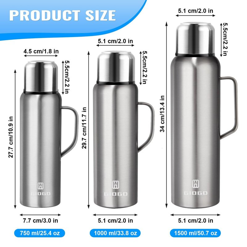 Insulated Vacuum Thermo Bottle 1500ml/50.7oz with Cup Stainless Steel Coffee Bottles for Hot and Cold Drink Water Flask.(Silver, with Handle, 1500ml)