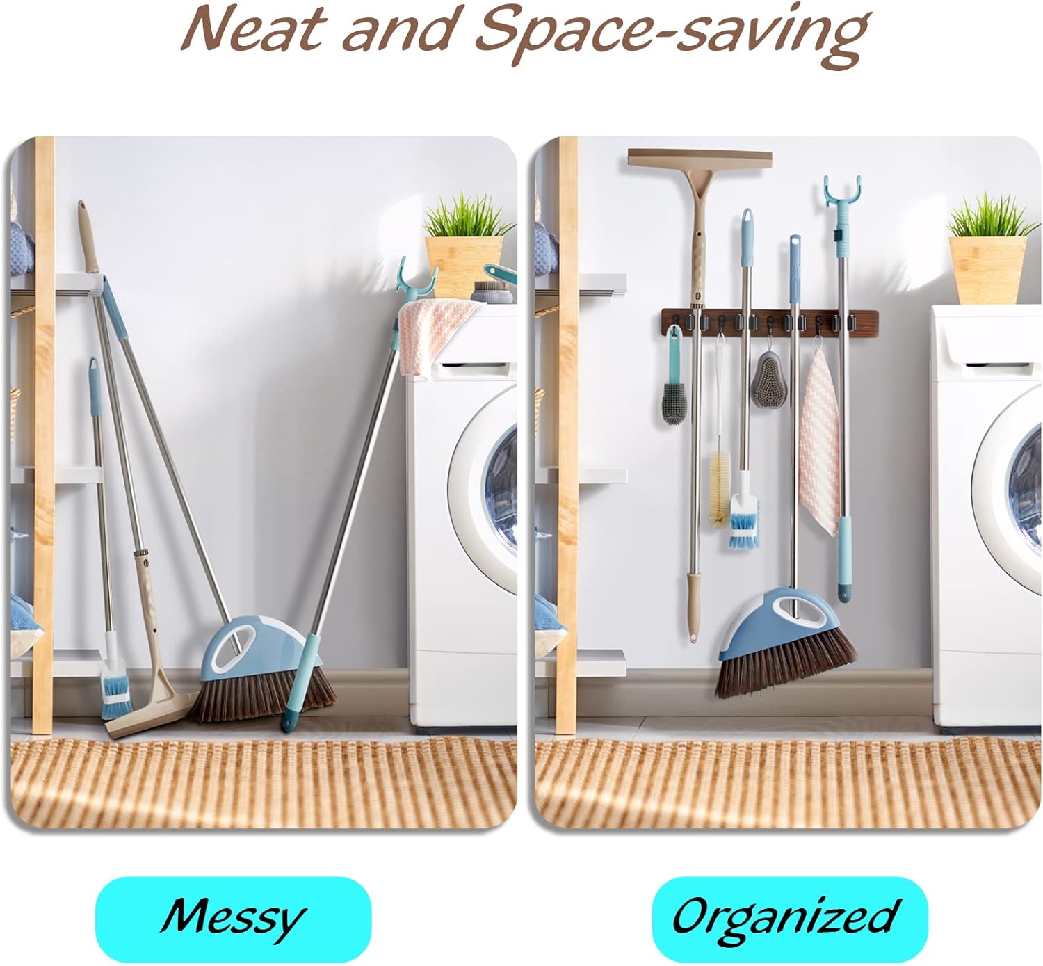 OUTNILI Broom Holder - Wall Mounted Coat Rack Bundle for Space-Saving Organization