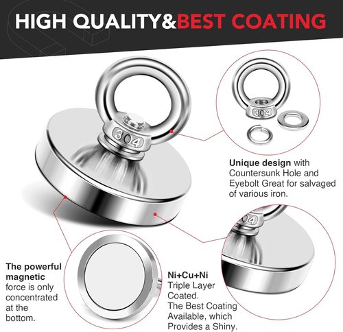 DIYMAG Neodymium Fishing Magnet - 350 Lbs Pulling Force | 1.97 Inch Eyebolt for River Retrieval