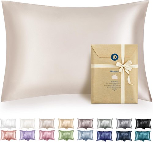 Bedsure Satin Pillowcase - Silky Soft Zippered Pillow Covers, Beige Standard Size, 20x26 Inches | Perfect Valentine's Day Gift