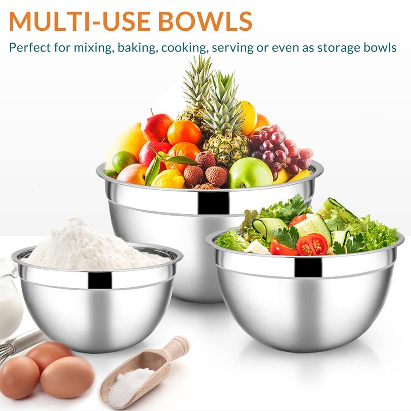 E-far Mixing Bowls with Teal Blue Lids Set of 5, Stainless Steel Mixing Bowls Metal Nesting Bowls with Airtight Covers for Cooking, Baking, Serving, Storage - Size 0.7/1/1.5/3/4.6QT - Dishwasher Safe
