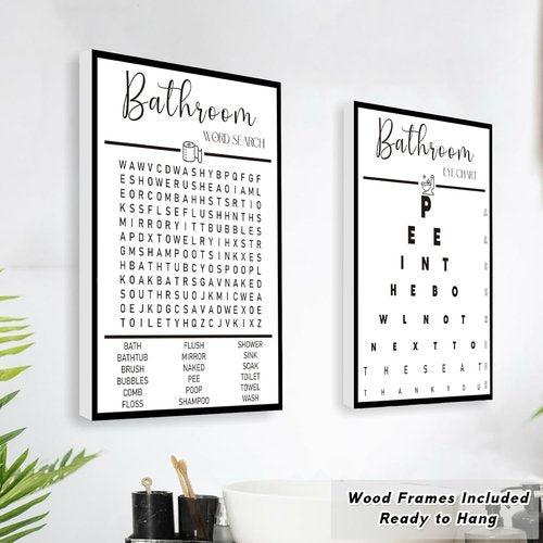Framed Bathroom Wall Art by [Brand Name] - Funny Black and White Word Search Pee Eye Chart | Wash Your Hands (12x16 inches, Set of 3)
