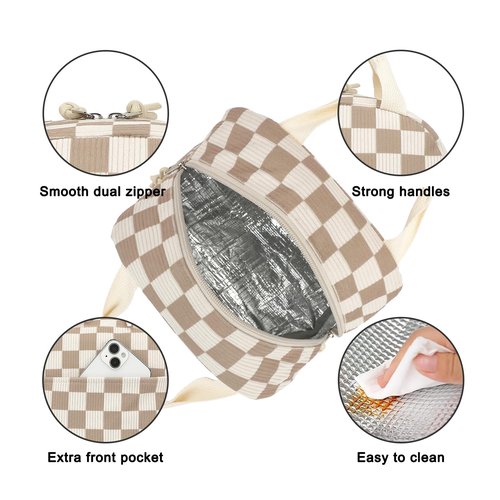 Dezcrab Corduroy Lunch Box for Women Girls, Cooler Lunch Bags Reusable Insulated Lunchbox for Picnic School Work Travel (Checkered Brown)