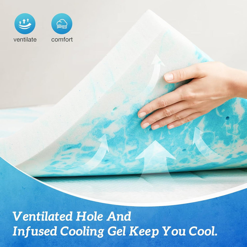 Sweetcrispy Memory Foam Mattress Topper - 3 Inch Thick Gel-Infused Cooling Pad for Twin Size Bed | CertiPUR-US Certified, Breathable Blue