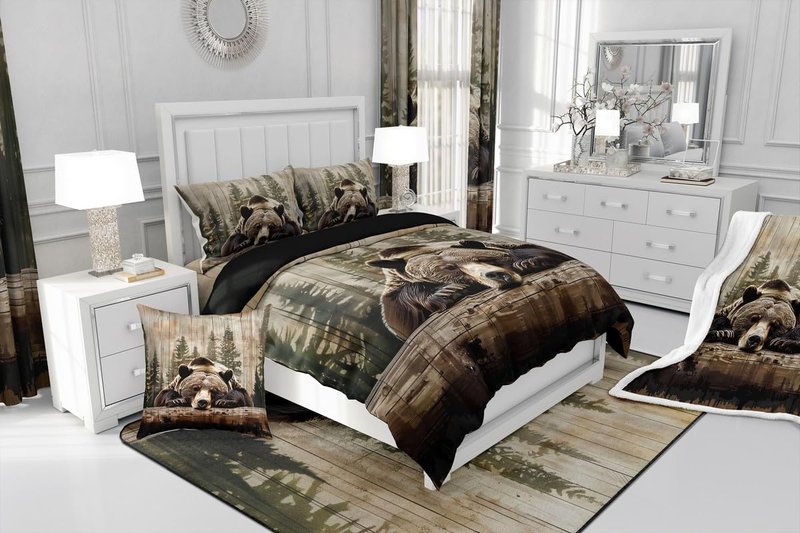 Feelyou Grizzly Bear Comforter Set Queen Size, Wild Animal Hunting Quilt Set with 2 Pillowcases, Rustic Cabin Farmhouse Bedding Set 3pcs for Kids Boys Teens Room Decor, Western Country Duvet Insert