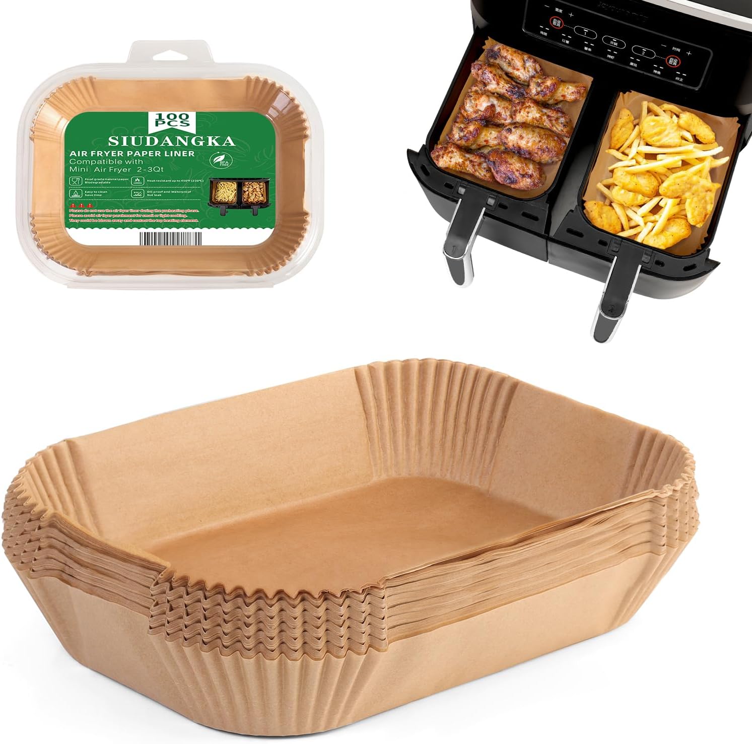 SIUDANGKA Disposable Air Fryer Liners - 200 Pcs Rectangle Parchment Sheets for Ninja SL401 XL 2-Basket