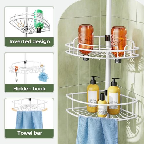 HAMITOR Corner Shower Caddy Tension Pole - Rustproof Bathroom Organizer for Shampoo & Accessories | 47-121 Inch - White