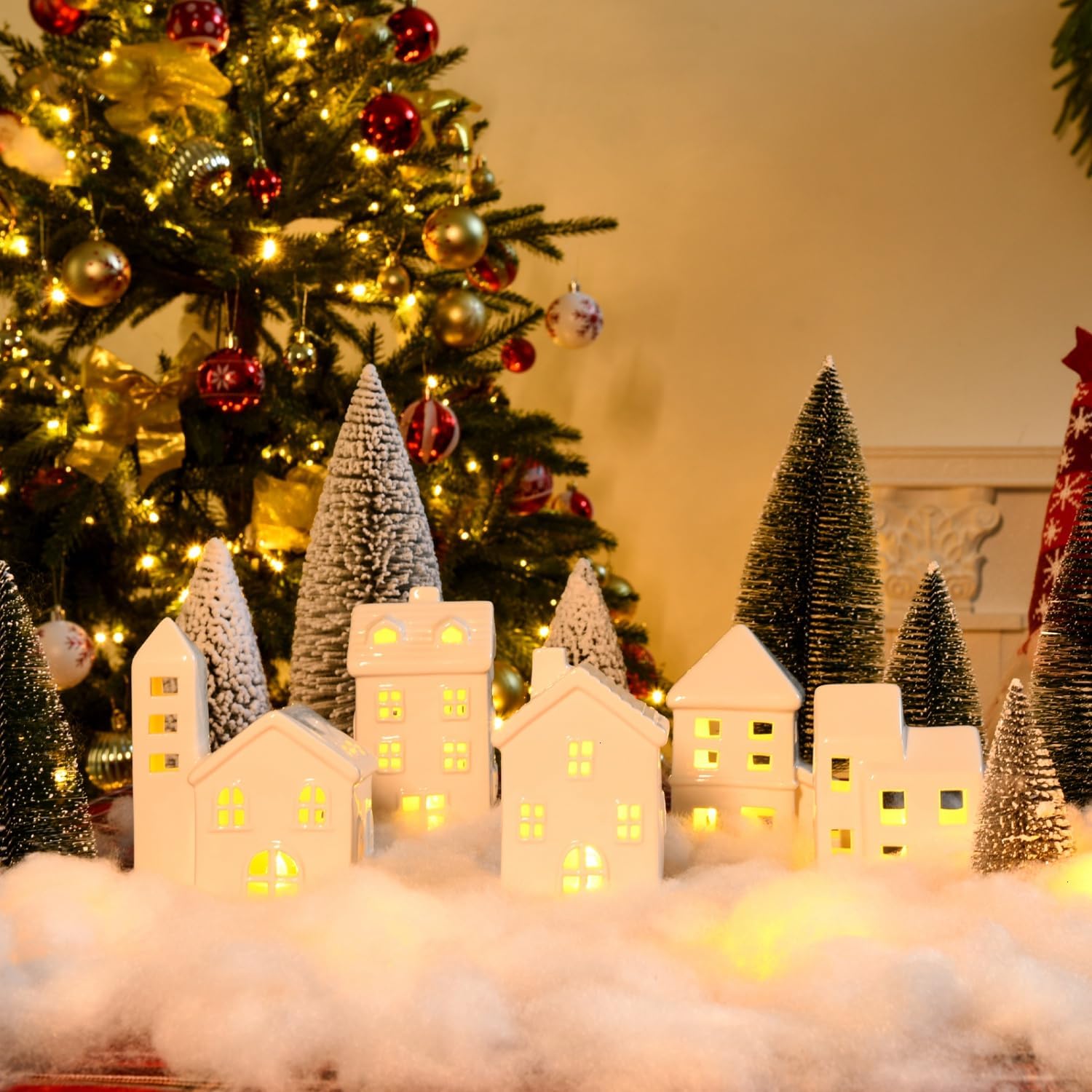 Regine Switzerland Ceramic Christmas Village Houses - 5 White Houses & 9 Trees with Fake Snow | Festive Indoor Decor for Home Table & Fireplace