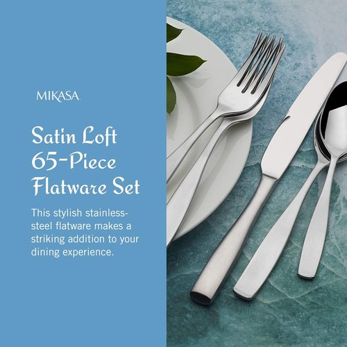 Mikasa Satin Loft 65-Piece Flatware Set - Elegant 18/10 Stainless Steel Silverware for 12 | Forks, Knives, Spoons & Serving Utensils