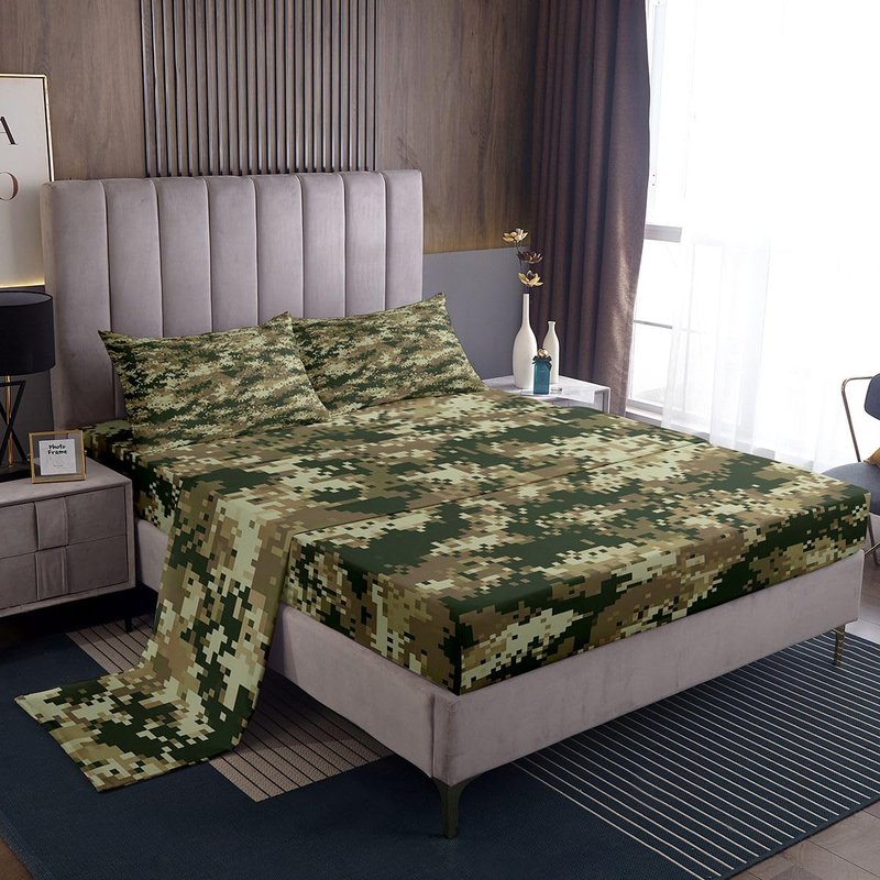 Green Camouflage Bed Sheet Set Queen Size,Geometric Abstract Army Camo Bedding Set for Kids Men Boys Adult Room Decor,Army Soldier Lovers Fitted Sheet Modern Top Flat Sheet with 2 Pillowcases