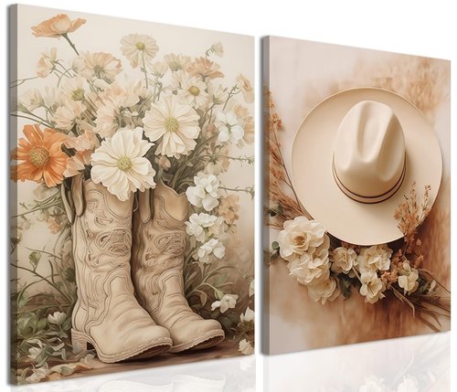Floral Cowgirl Boots Canvas Wall Art Set of 2, Cowboy Hat with Flower Wall Decor Paintings, Trendy Preppy Western Aesthetic Prints Pictures, for Girls Bedroom Living Room Dorm 16x24 inch Framed