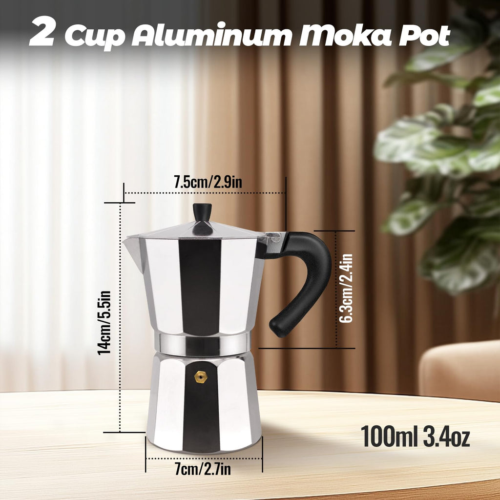 Vaolvpant 2 Cup Aluminum Moka Pot Classic Stovetop Espresso Coffee Maker 100ml 3.4oz Coffeemaker Percolator Mocha Pot Greca Coffee Maker Cafe Makers for Italian and Cuban Café Brewing Silver