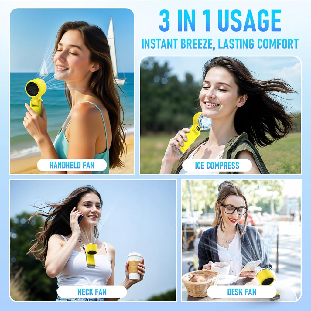 PlayHot Portable Handheld Turbo Fan - Rechargeable Ice Cooling Personal Fan | 12Hrs Battery Life, 5 Speed (Yellow)