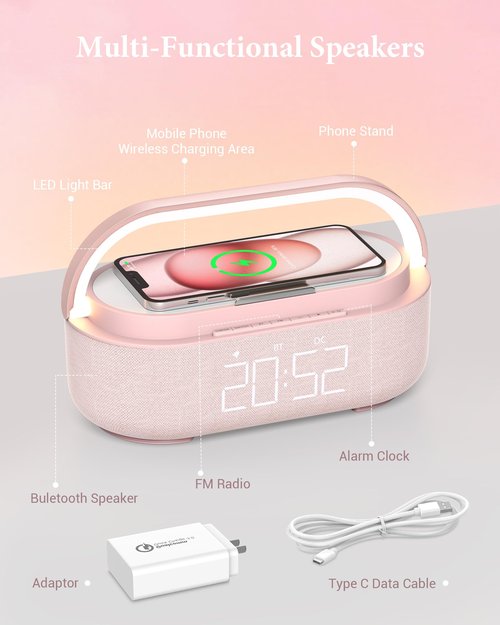 COLSUR Bluetooth Speaker Alarm Clock with Wireless Charger, FM Radio, Adjustable LED Night Light, 6 in 1 Bedroom Portable Speaker 2500mAh, Phone Stand for Bedside, Home, Office, Gift (Pink)