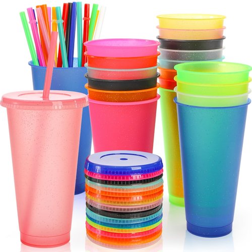 Tlence 20 Pack Glitter Tumblers with Lids and Straws, 24 OZ Reusable Plastic Iced Coffee Cup, Clear Cold Water Bottle Travel Mugs Bulk for Smoothie Juices, Perfect for Parties Birthdays, Multicolors