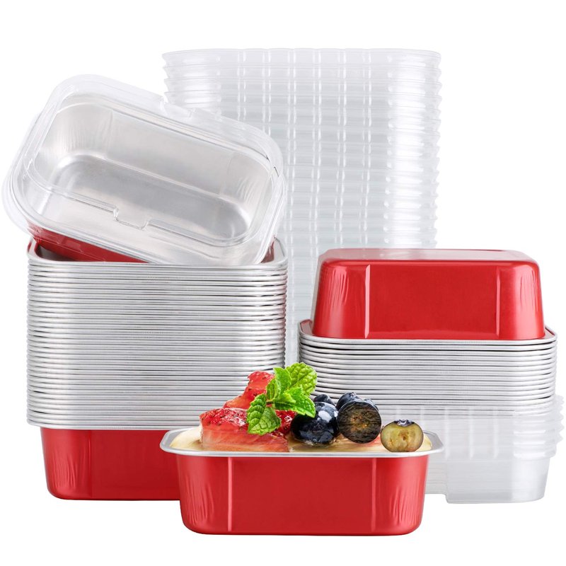 EUSOAR Cupcake Cups with Lids, 5.7oz 50pcs Disposable Desserts Flan, Baking Cups with Lids, Aluminum Foil Desserts Cupcake Flan, Catering Gathering Shower Favor-Red
