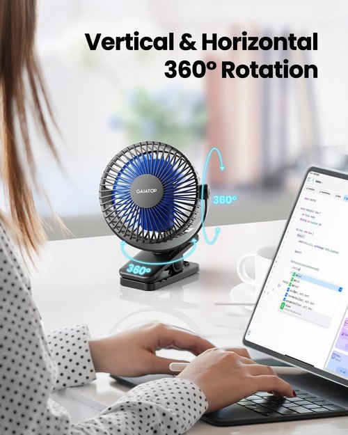 Gaiatop Portable Clip-On Fan - Battery Operated Mini Cooling Fan with 3 Speeds | USB Rechargeable, 360° Rotation, Ideal for Home, Office, and Camping - Black/Blue
