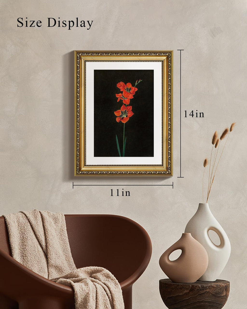 VIYYIEA Gold Framed Wall Art - Red Flower Canvas Print on Black Background | 11x14in Aesthetic Decor