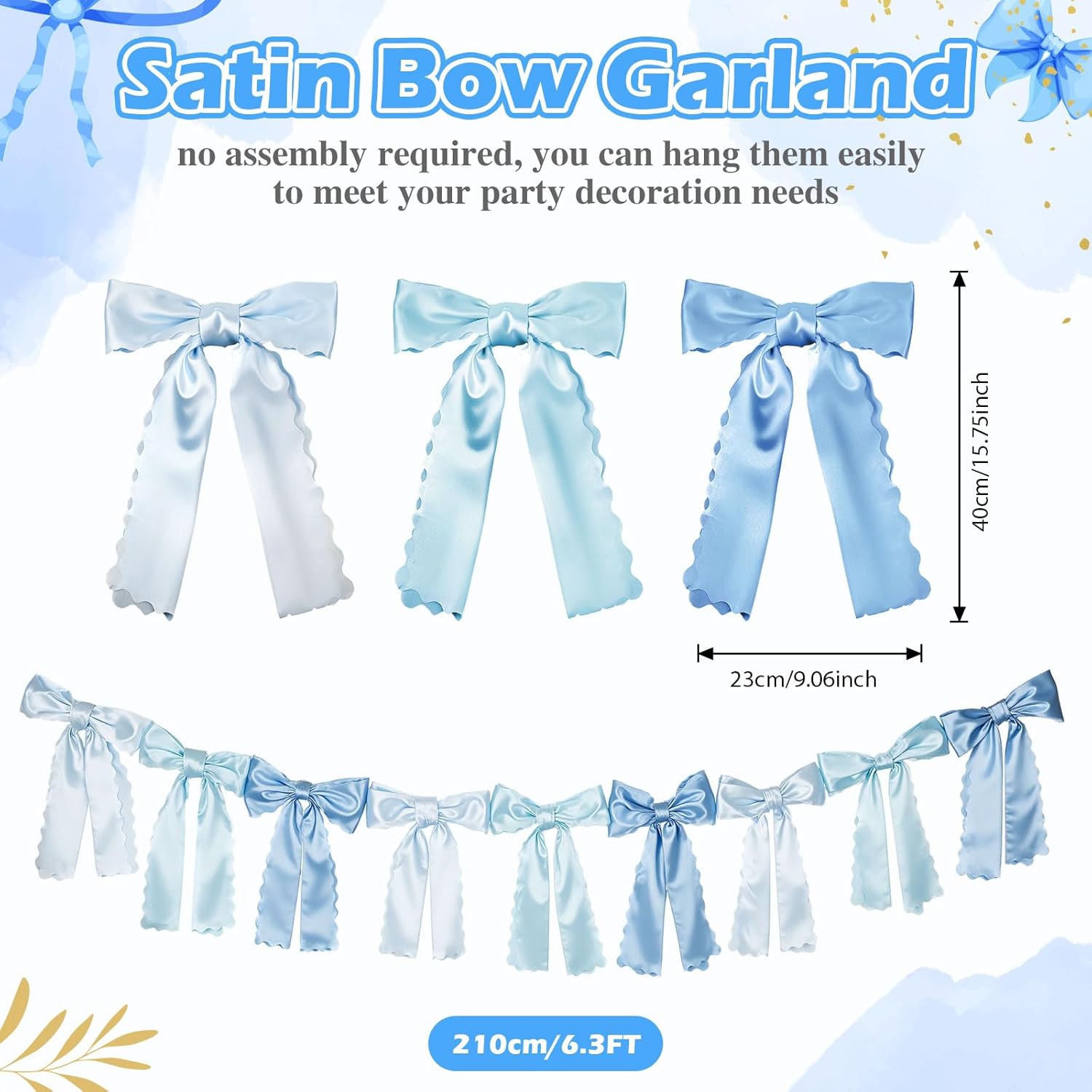 VitalCozy Blue Bow Garland - Pre-Strung Satin Ribbon Decor for Bridal Showers & Parties