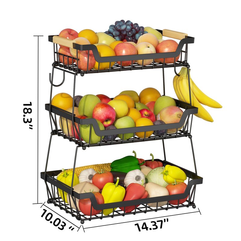 GILLAS 2 Tier Countertop Fruit Basket with 2 Banana Hangers for Kitchen, Detachable Metal Organizer for Bread Vegetable Fruits with Wooden Handle, Large Capacity Rectangular Storage Stand Bowls, Black