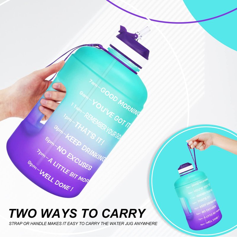 QuiFit Motivational Gallon Water Bottle - with Straw & Time Marker BPA Free Large Reusable Sport Water Jug with Handle for Fitness Outdoor Enthusiasts Leak-Proof (Green/Purple,1 gallon)