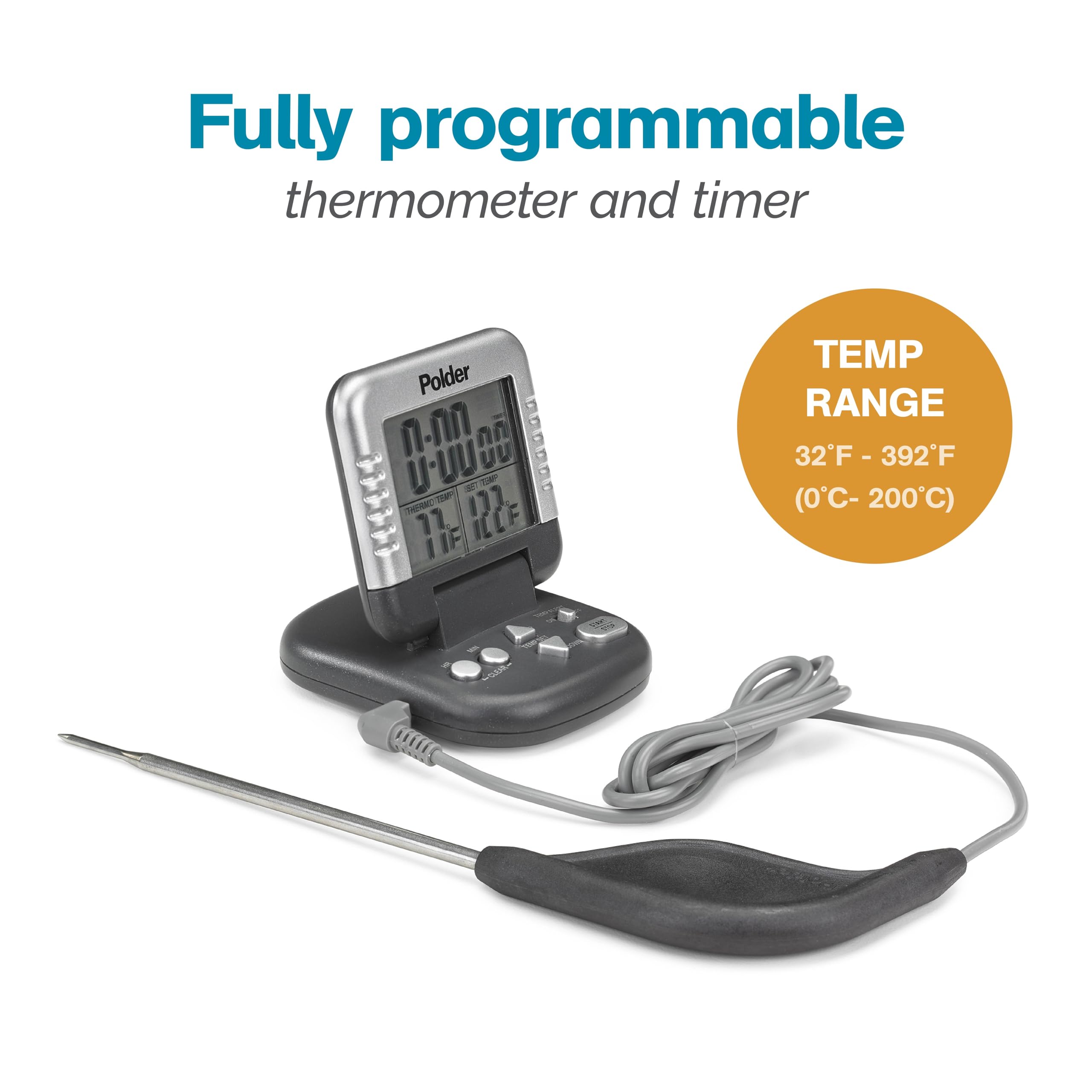 Polder Classic Digital Thermometer and Timer, Meat Thermometer for Cooking, Stainless Steel Probe, 24-Hour Countdown Timer with 40" Long, High-Heat Silicone Cord
