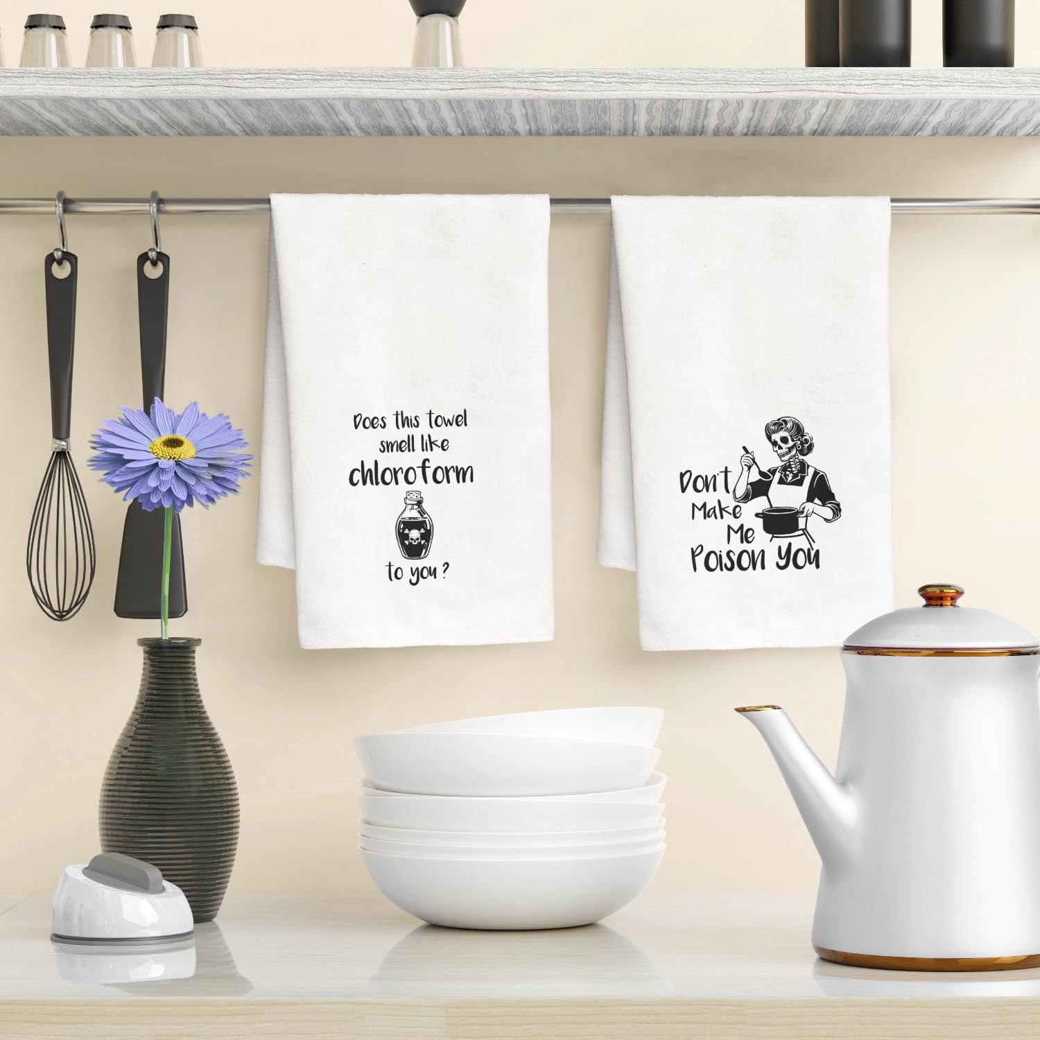 2 Pcs Skull Funny Printed Dish Towel Gift for Women, Goth Home Decor for Women, Kitchen Bathroom Towels Gift for Mother's Day Birthday Housewarming, Does This Towel Smell Like Chloroform to You