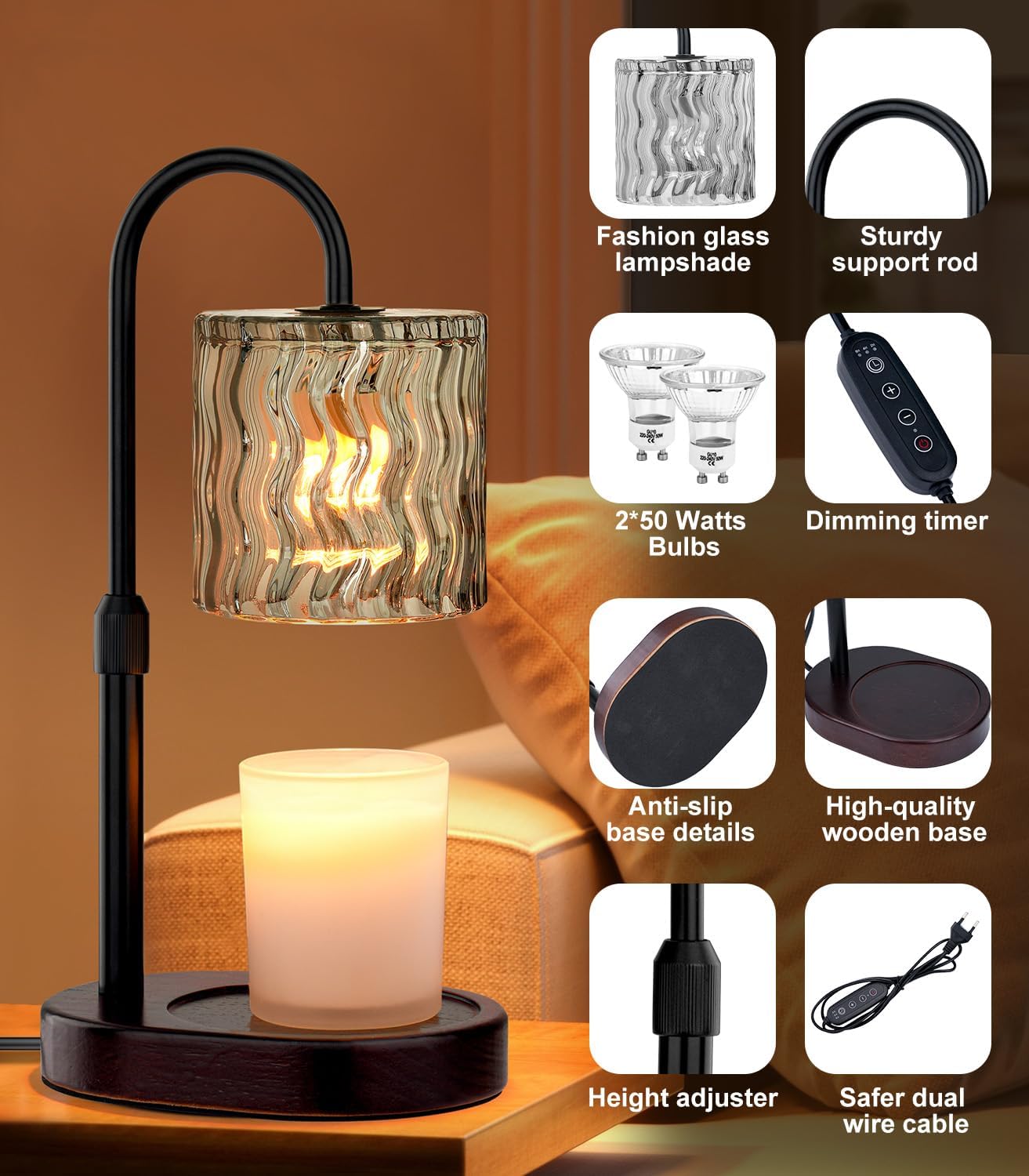 Skiennix Candle Warmer Lamp - Electric Timer & Dimmable Height Adjustable Burner for Scented Wax Melts