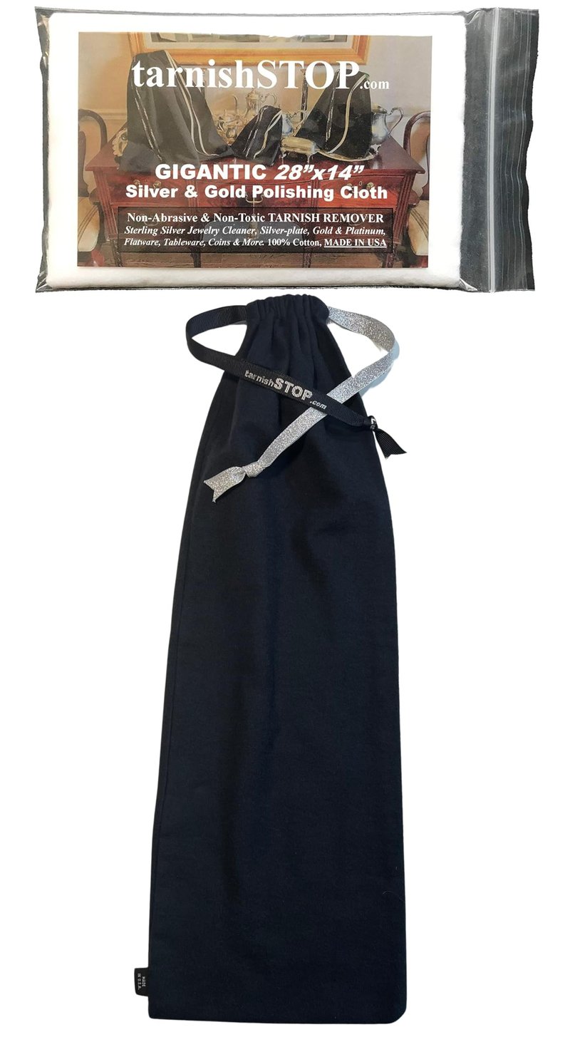 Save 3.00 | TarnishSTOP | USA Made | Luxury Anti-Tarnish Bag (18"x6", Black) | Silver Storage Bundle with Tarnish Removal Polishing Cloth for Silverplate, Sterling, Jewelry & Flatware