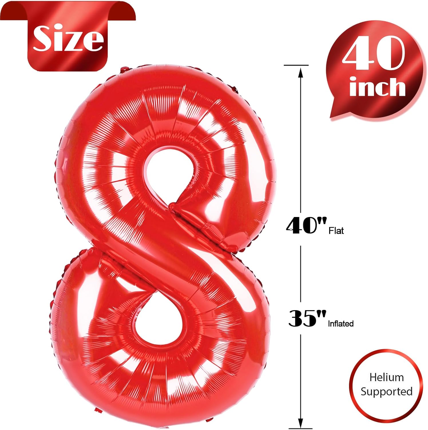 Red 8 Balloon - 40 Inch Number Balloon for Birthday Decorations | Perfect for 8th Party Supplies