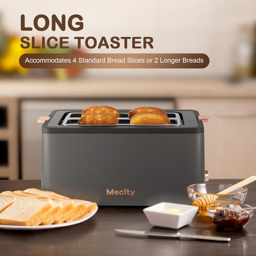 Mecity 4-Slice Long Slot Toaster - Extra Wide Slots, 6 Browning Settings, Timer & Warming Rack | Stainless Steel, Grey