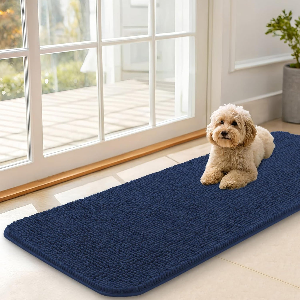 OLANLY Dog Door Mat - Absorbent Non-Slip Mud Mat for Indoor Use | 47x17 Dark Blue, Quick Dry Chenille
