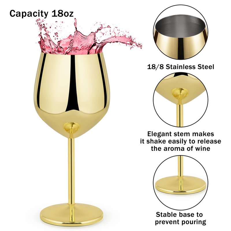 Lifecapido Stainless Steel Wine Glasses Set of 8, 18oz Stainless Steel Wine Goblets, Stemmed Metal Wine Glasses with Cup Brush for Party Office Wedding Anniversary, Great for Red White Wine (Gold)